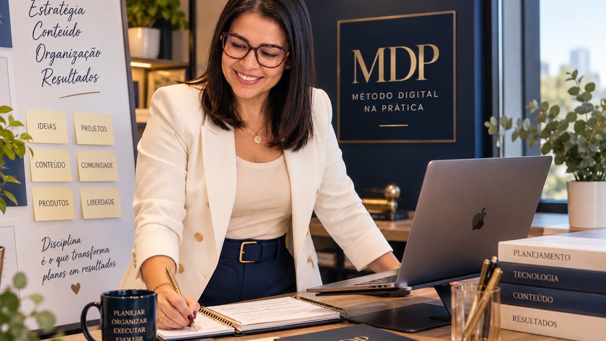 Vivi Freri em pé escrevendo em um caderno diante do painel MDP